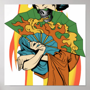 Flammen-Feuer-Schädel-Geisha-Druck Poster