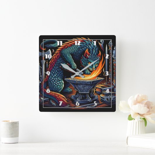 Flammen kreieren: Katzenschmied bei der Arbeit Quadratische Wanduhr (Zuhause)