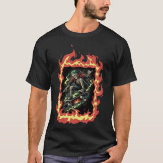 Flammen Skelett Skateboard T-Shirt