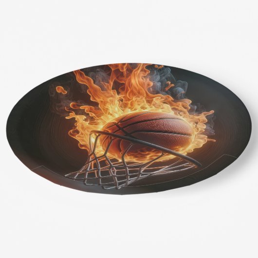 Flammenbasketball im Hoop Pappteller (Schrägansicht)