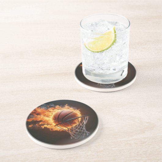 Flammenbasketball im Netz Getränkeuntersetzer (Seite)