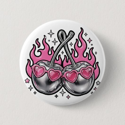 Flammende Silberkirschen - Chrome-Kirsche in Flamm Button (Vorderseite)