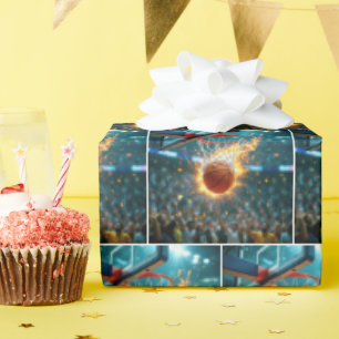 Flammender Basketball, der ins Netz geschossen wir Geschenkpapier
