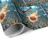 Flammender Basketball, der ins Netz geschossen wir Geschenkpapier (Rolleneckpunkt)