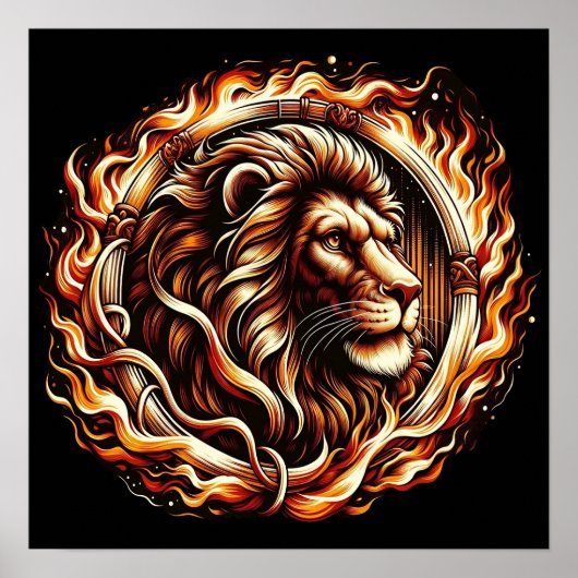 Flammender Löwe im Ring of Fire Flammen Astrologie Poster (Vorne)