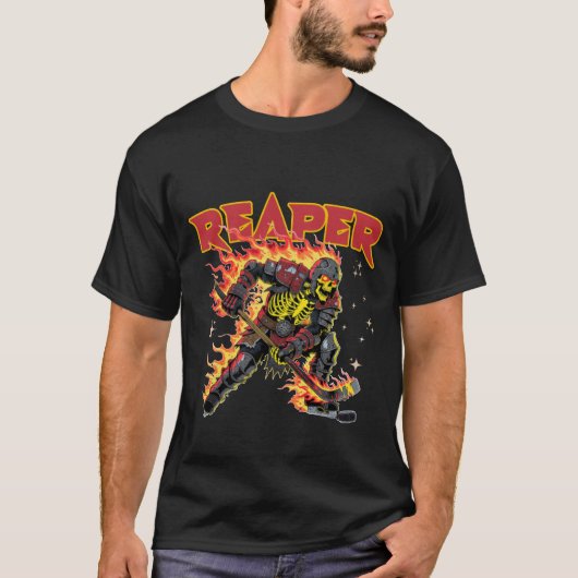 Flammender Sensenmann-Skelett-Hockeyspieler Dunkle T-Shirt (Vorderseite)