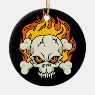 Flammender Totenkopf und Kreuzknochen Keramikornament