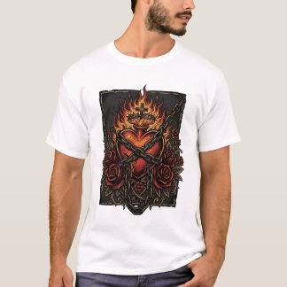 Flammendes Heiliges Herz mit Rosen Vintage-Gotik-D T-Shirt