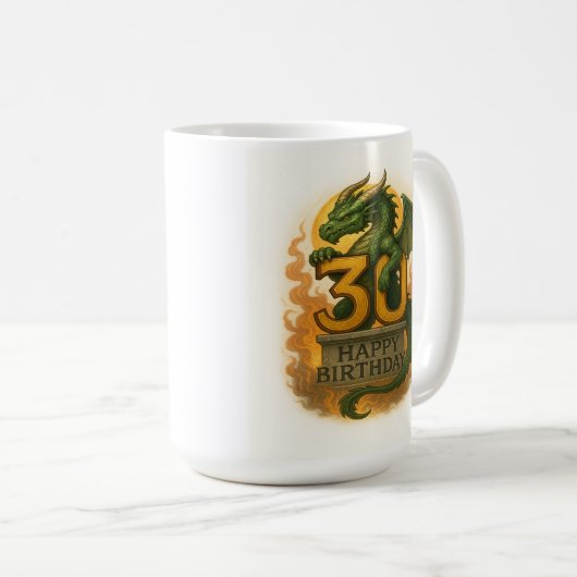 Flammenkissed Dreißig: Tasse des Drachen zum Gebur (VorderseiteRechts)