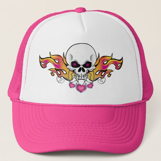 Flammenschädel und Herz Truckerkappe (Vorderseite)
