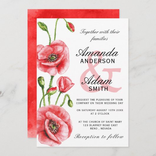 Flanders Poppy Watercolor Typografie Hochzeit Einladung (Vorne/Hinten)