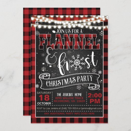 Flanell und Frost Weihnachten Party Einladung Rot/ (Vorne/Hinten)