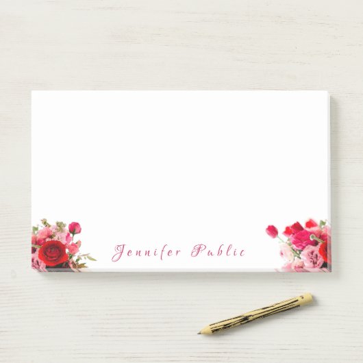 Flankieren von Rose für geschriebenen Skriptnamen Post-it Klebezettel (Auf Schreibtisch)