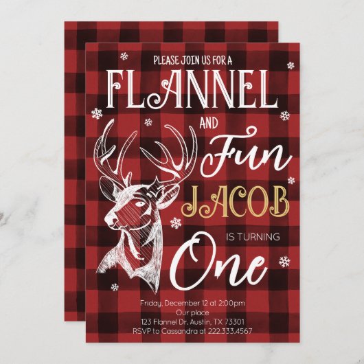 Flannel and Fun Holiday Birthday Party Einladung (Vorne/Hinten)