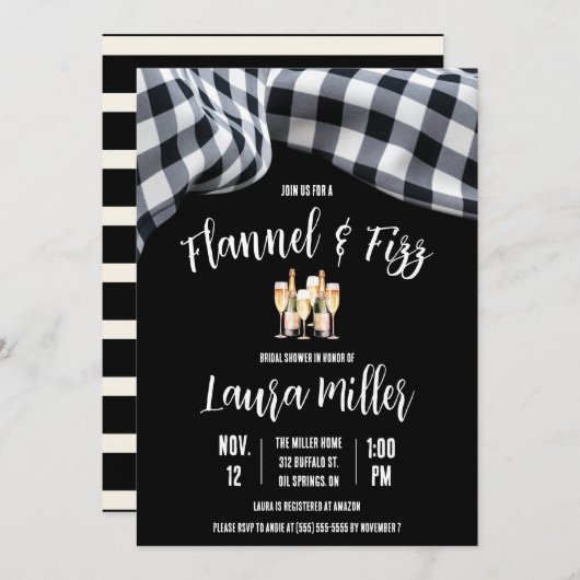 Flannel & Fizz, Kariert, Champagner-Brautparty Einladung (Vorne/Hinten)