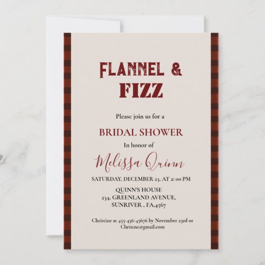 Flannel & fizz Winterrot & schwarz Brautparty Einladung (Vorderseite)