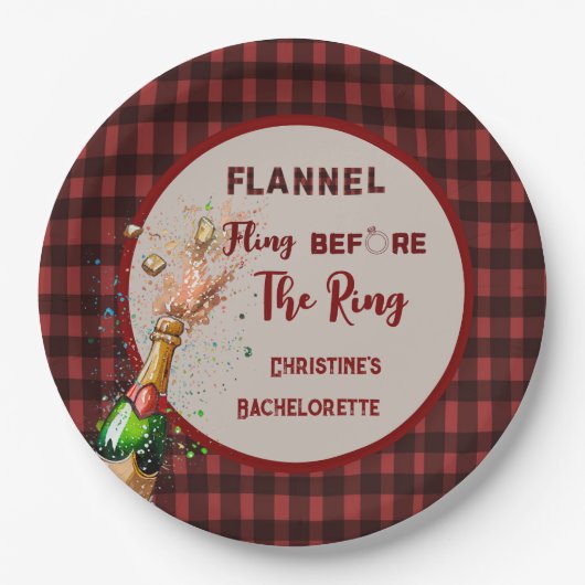 Flannel Fling vor der Ring rot kariert Bachelorett Pappteller (Vorderseite)