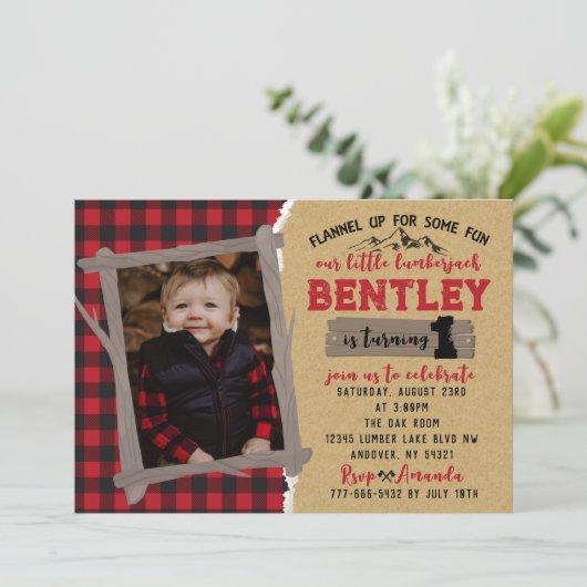 Flannel Little Lumberjack Foto Geburtstag Einladung (Stehend Vorderseite)