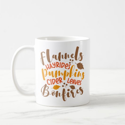 Flannels Hay Rides Pumpkins Cider Blätter Bonfire Kaffeetasse (Links)