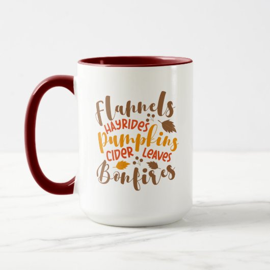 Flannels Hay Rides Pumpkins Cider Blätter Bonfire Tasse (Links)