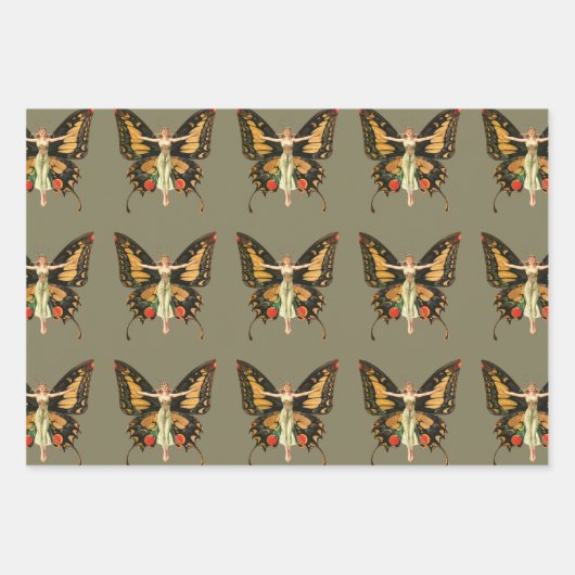 Flapper Butterfly Flying Frauan Illustration Geschenkpapier Set (Vorderseite 2)