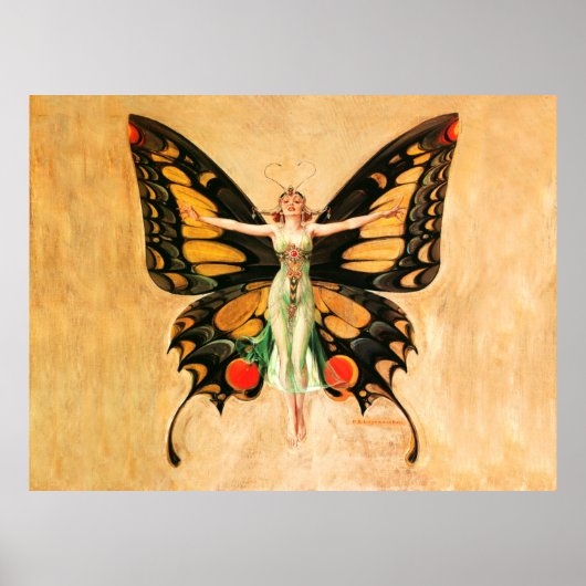 Flapper Butterfly Flying Frauan Illustration Poster (Vorne)