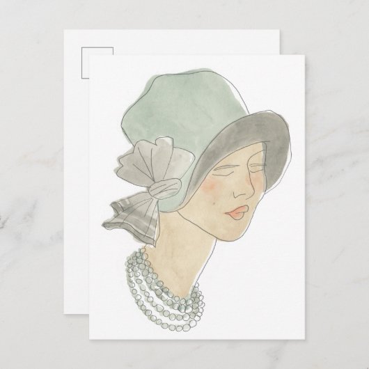 Flapper Fashion Sketch - Frau mit Hut Postkarte (Vorne/Hinten)