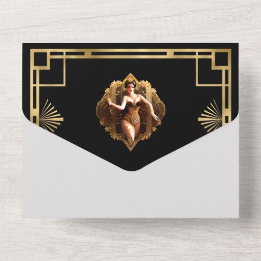 Flapper Girls Black Gold 1920 Gatsby Dinner Party All In One Einladung (Rückseite)