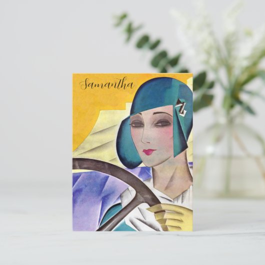 Flapper in Lila Hat Postkarte (Stehend Vorderseite)