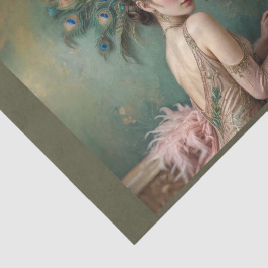 Flapper Mädchen 1920 mit riesigem Pfauenfederhut Seidenpapier (Ausschnitt)