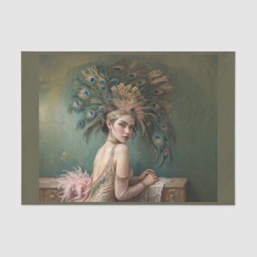 Flapper Mädchen 1920 mit riesigem Pfauenfederhut Seidenpapier (Vorderseite)