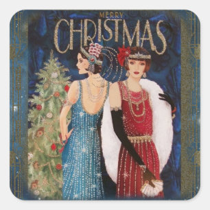 Flapper Vintage Weihnachtsaufkleber Quadratischer Aufkleber
