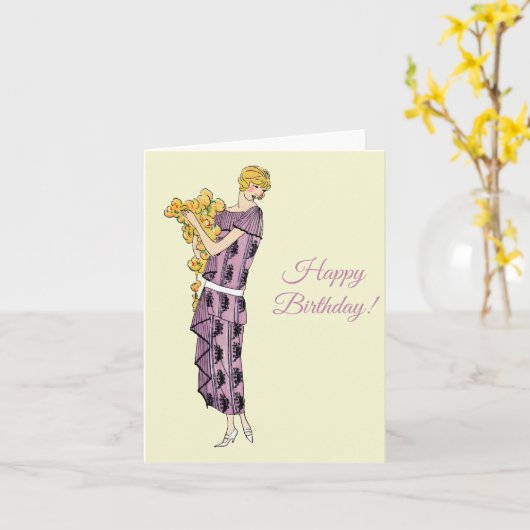 Flapper woman mit Blume, Happy Birthday Karte (Gelbe Blume)