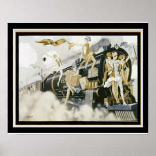 "Flappers take the Train" Art Deco Print 16 x 20 Poster