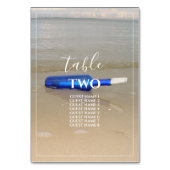 Flasche am Strand Sand Hochzeitsgäste Namen Tischnummer (Vorderseite)