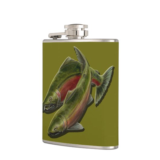 Flasche für den Fischfang Gedeckter Lachs Flachmann (Links)