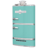 Flasche mit Retro GE Kühlschrank Grafik. Türkis Flachmann (Links)