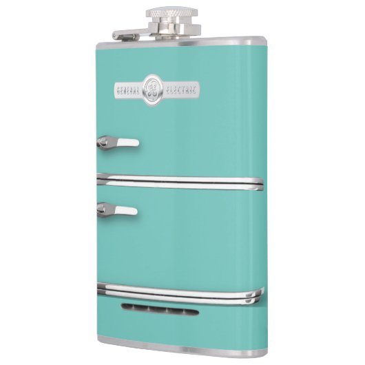 Flasche mit Retro GE Kühlschrank Grafik. Türkis Flachmann (Links)