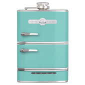 Flasche mit Retro GE Kühlschrank Grafik. Türkis Flachmann (Vorderseite)