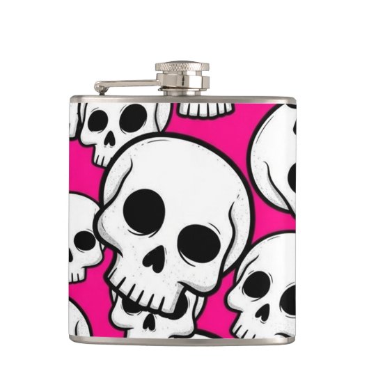 Flasche mit rosa Totenkopfmuster Flachmann (Vorderseite)