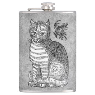 Flasche mit Vintage-Katzenbuchillustration Flachmann