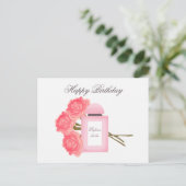 Flasche Parfüm und Bouquet von Rose Postkarte (Stehend Vorderseite)