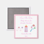 Flasche & Rattle Pink Save the Date Kinderdusche Magnet (Vorderseite/Rückseite)