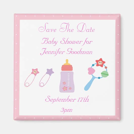 Flasche & Rattle Pink Save the Date Kinderdusche Magnet (Vorne)