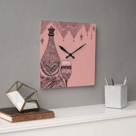 Flasche und Glas AI Kunst Quadratische Wanduhr