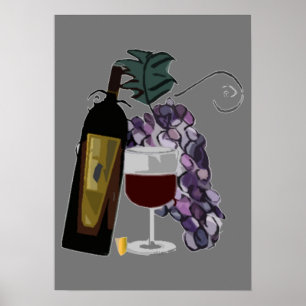 Flasche Wein Glas Trauben Plakat