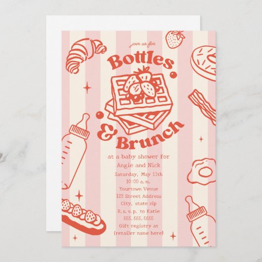 Flaschen & Brunch Doodle Pink Girl Babydusche Einladung (Vorne/Hinten)