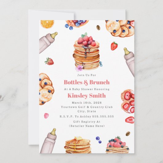 Flaschen Brunch Girl Baby Dusche Pancake Frühstück Einladung (Vorderseite)