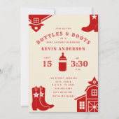 Flaschen & Stiefel Cowboy Retro Red Baby Dusche Einladung (Vorderseite)