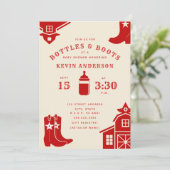 Flaschen & Stiefel Cowboy Retro Red Baby Dusche Einladung (Stehend Vorderseite)